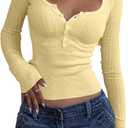 GORGLITTER Women's Lightweight Cropped Sweater Button Up Long Sleeve Scoop Neck Slim Knit Fall Trendy Pullover Tops (Yellow, M)