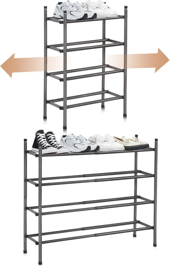 STORAGE MANIAC Expandable Shoe Rack, 16 Pairs Stackable Small Shoe Rack, Metal Adjustable Shoes Organizer for Closet, Entryway, Hallway, Garage, Front Door, Shoes Shelves, Black 4 Tier