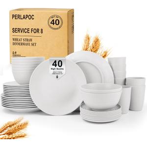40 PCS Wheat Straw Dinnerware Sets, Service for 8 - Dinner Plates, Cereal Bowls, Drinking Glasses, Unbreakable Plastic Plates and Bowls Sets, Dishwasher and Microwave Safe for Kitchen - White