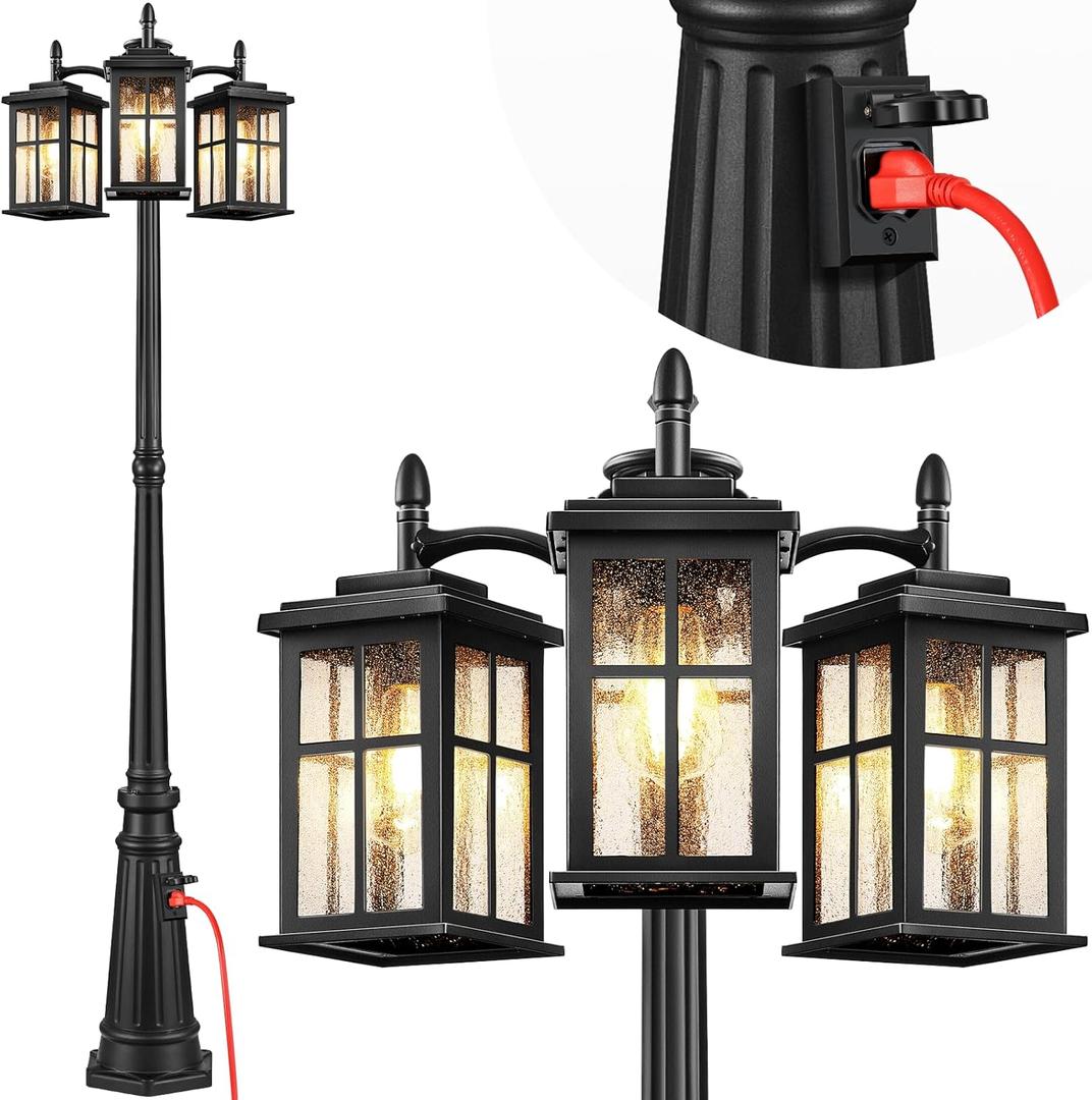 VIANIS 3-Head Outdoor Lamp Post Light with Outlet, Black Dusk to Dawn Outdoor Post Lights Hard Wired for Garden, Waterproof Triple-Head Outside Street Lamp Post Sconce for Yard Backyard Doorway House