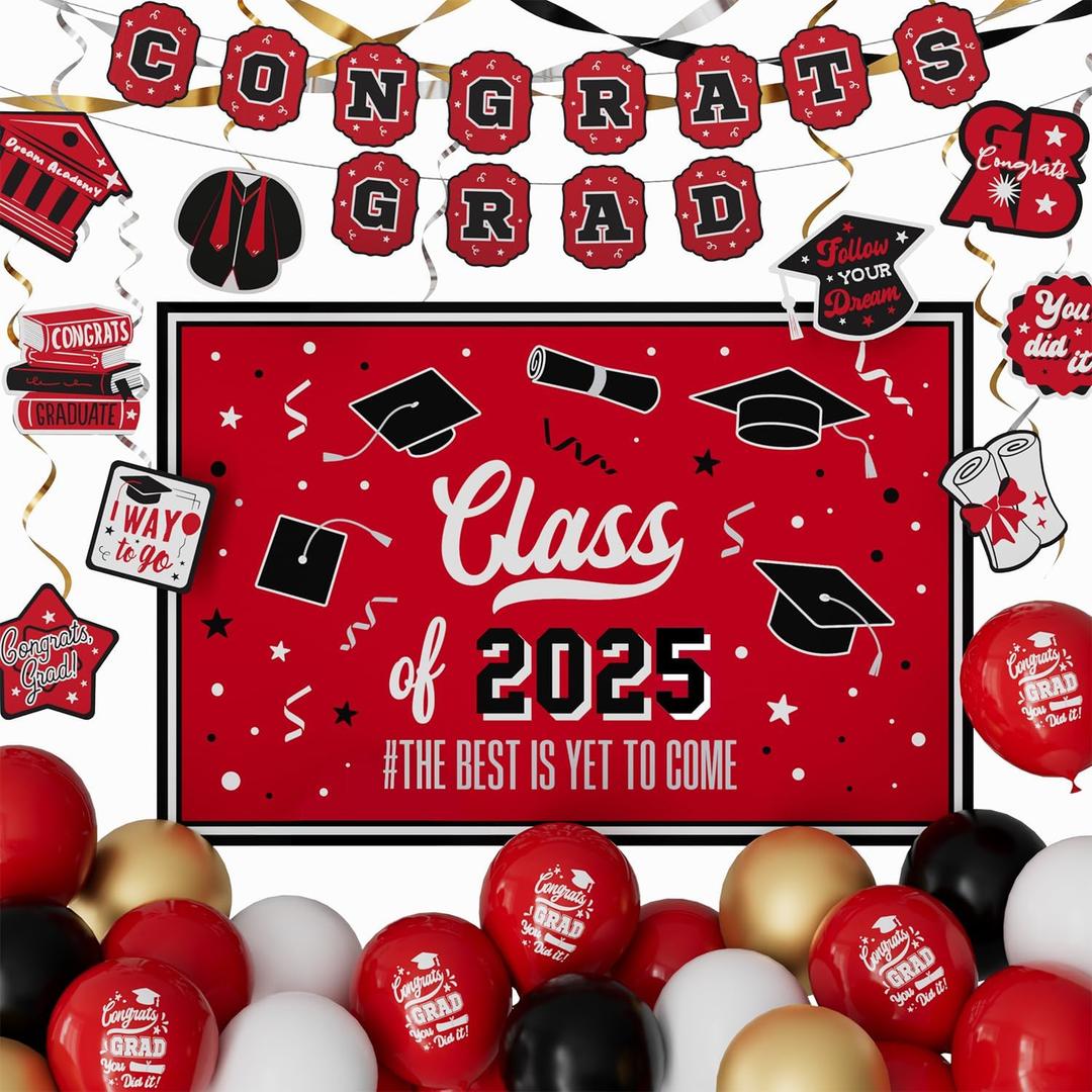 Graduation Decorations Class of 2025,Red Themed 2025 Graduation Decorations Set-Congrats Grad Banner,Class of 2025 Backdrop,Hanging Swirl Streamers and Balloons Kit Supplies Celebrations