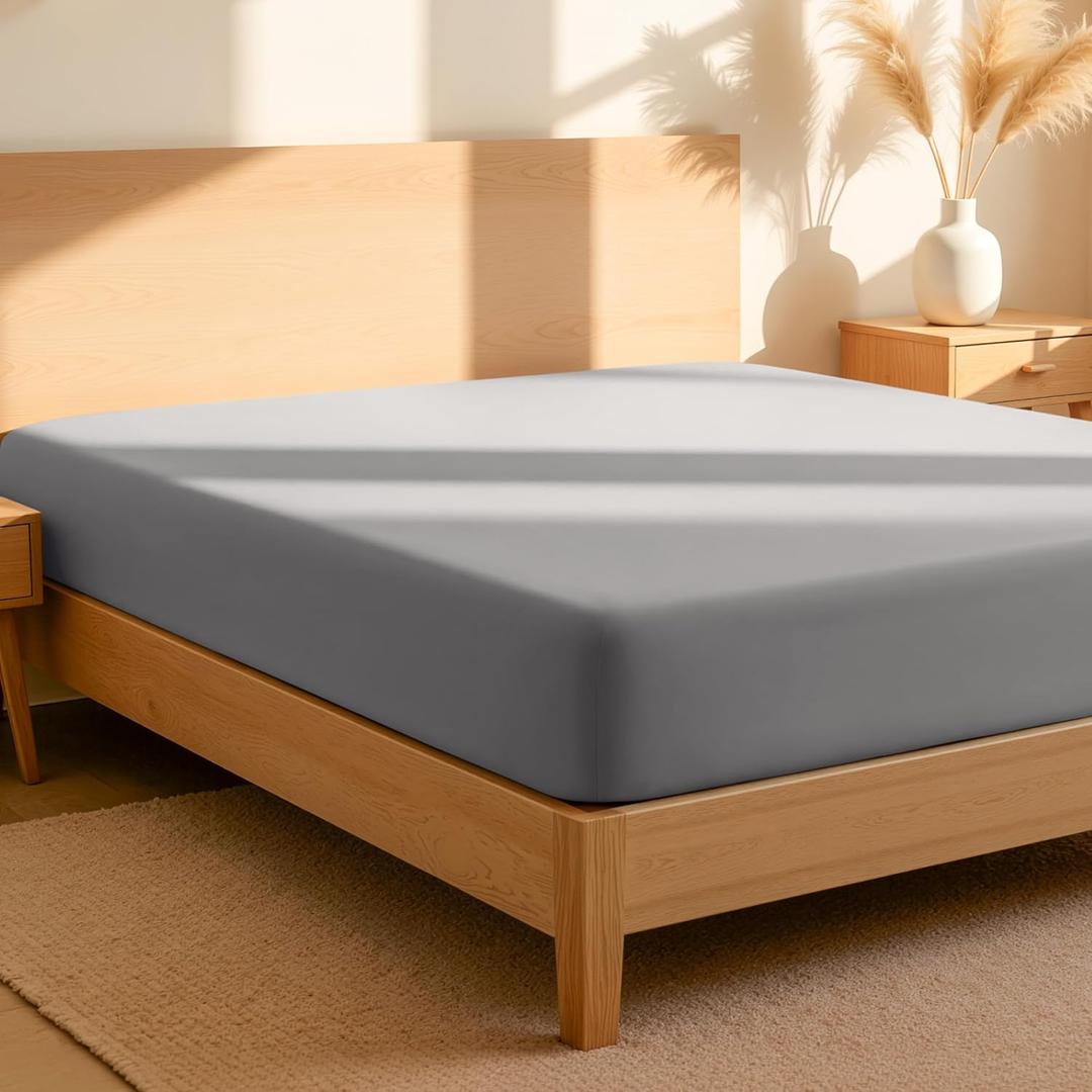 Bare Home 100% Organic Cotton Full Fitted Sheet - Crisp Percale Weave - Lightweight & Breathable - Deep Pocket Fitted Sheet (Full, Light Grey)