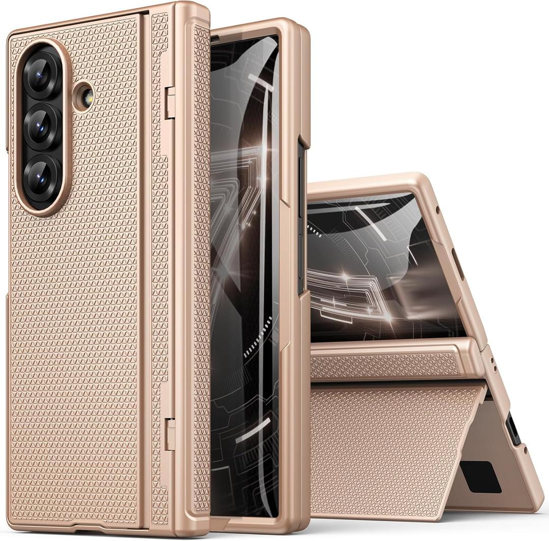for Samsung Galaxy Z Fold 7 Case with Front Glass Screen Protector, Slim Profile with Kickstand, Rugged Hard Full Body Cover, Daily Drop Protective Phone Case for Samsung Z Fold 7 5g 2025, Rose Gold
