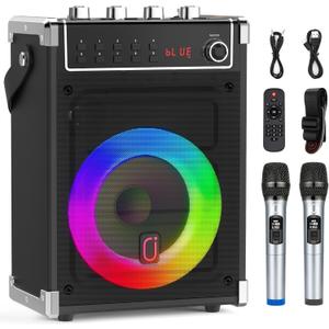 JYX Karaoke Machine with 2 Wireless Microphones, Portable Bass/Treble Bluetooth Speaker with LED Light, Support TWS, AUX in, FM, REC PA System with Remote Control, Supply for Party/Adults/Kids (30 Watt-Black)