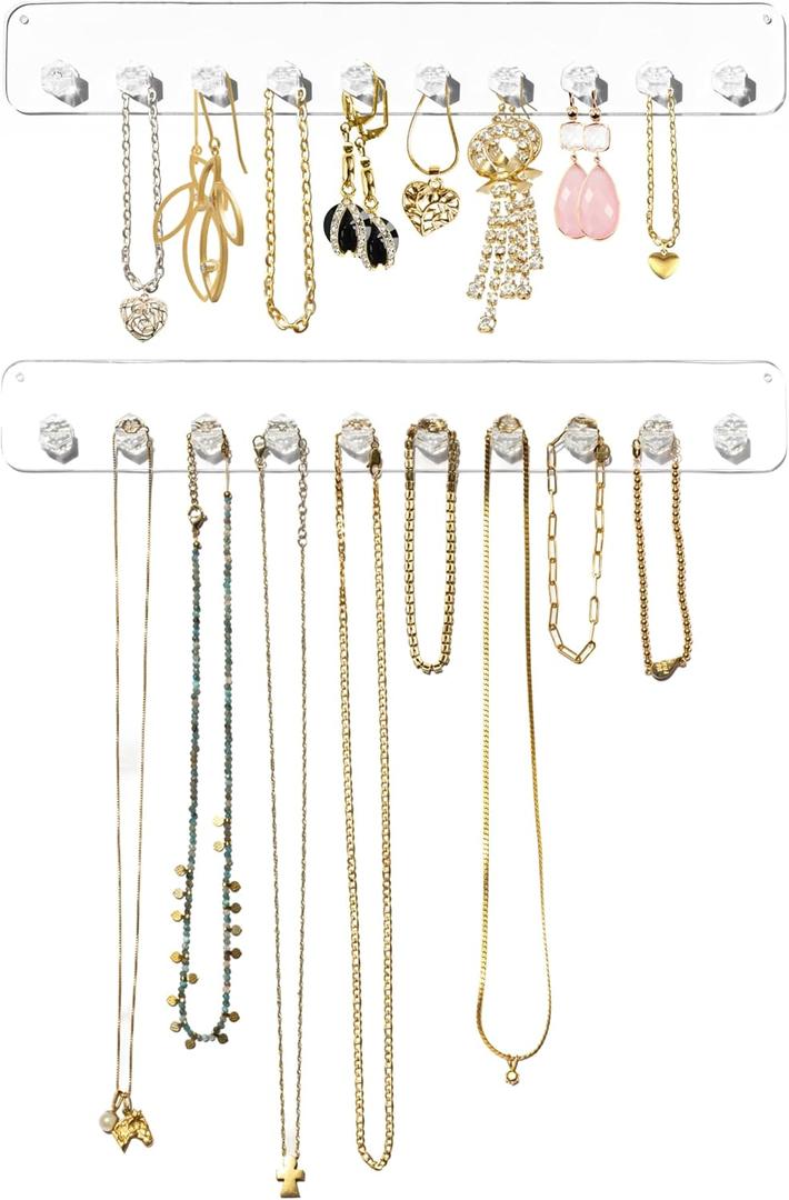 Boxy Concepts Necklace Organizer - 2 Pack Easy Install 10.5 x1.5 Hanging Clear Holder Wall Mount with 10 Necklace Hooks For Bracelets, Earrings, and Keys