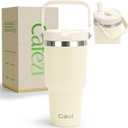 30oz Tumbler with Handle and Straw, Vacuum Insulated Tumblers with Flip Straw and Top Handle, Reusable Insulated Cup for Home, Outdoors, Leakproof, Fits in Cup Holder, Cold for 30 Hours (Cream)