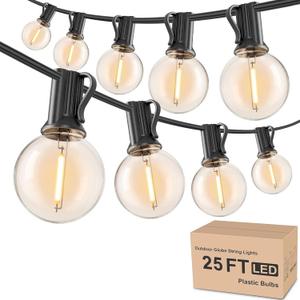 Outdoor String Lights 25ft, G40 Led Patio Globe Lights with 13pcs Plastic Bulbs, Shatterproof Waterproof Connectable Hanging for Porch Cafe Bistro Backyard Gazebo Balcony Deck Party