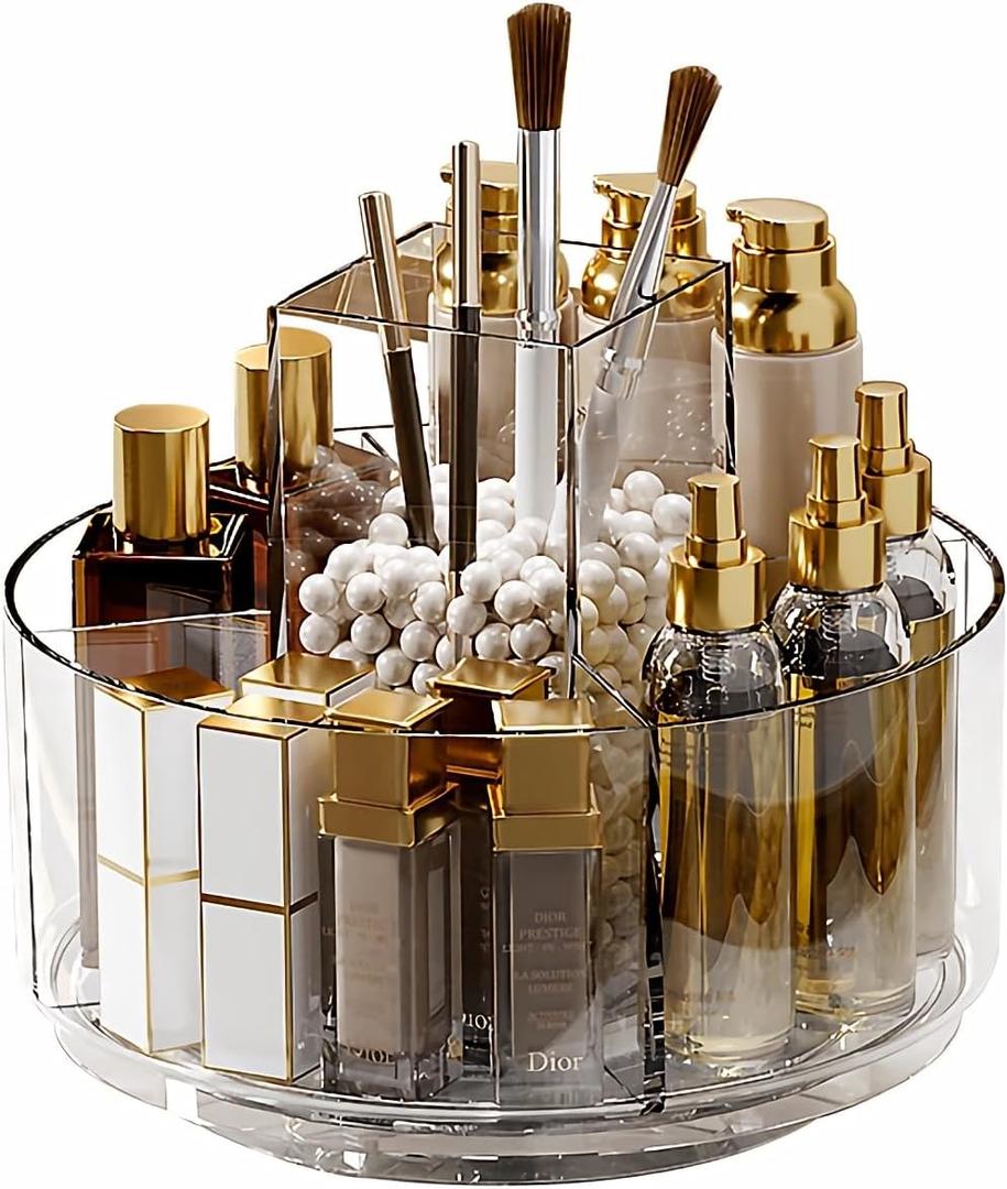 Taiuloo 360 Rotating Makeup Organizer, Lazy Susan Cosmetics Storage Turntable, Round Spinning Brush & Pen Holder, Clear Acrylic Organizer Tray for Vanity, Bathroom, Office Desk (5 Compartments)