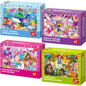 QUOKKA Princess Puzzles for Kids Ages 4-6 - Toddler Puzzles Ages 3-5 - 4-Pack 60 Piece Search and Find Jigsaw Puzzle 6-8 - Unicorn Mermaid Fairy Puzzle for Girls - Learning Educational Toy for 5 Year