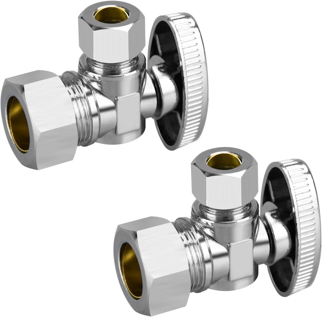 Stop Valves, 2 Pack 1/2"  3/8" Angle Stop Valve, 1/2" Nominal (5/8" OD Comp.) Angle Input, 3/8" OD Compression Output, 1/4 Turn, Chrome Plated Brass for Kitchen, Faucet, Toilet Valves
