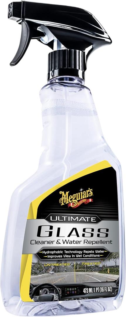 Meguiar's Ultimate Glass Cleaner & Water Repellent - Premium Glass and Window Cleaner for Quick Cleaning with Hydrophobic Technology that Acts as a Rain Repellent Improving Visibility in Rain - 16oz