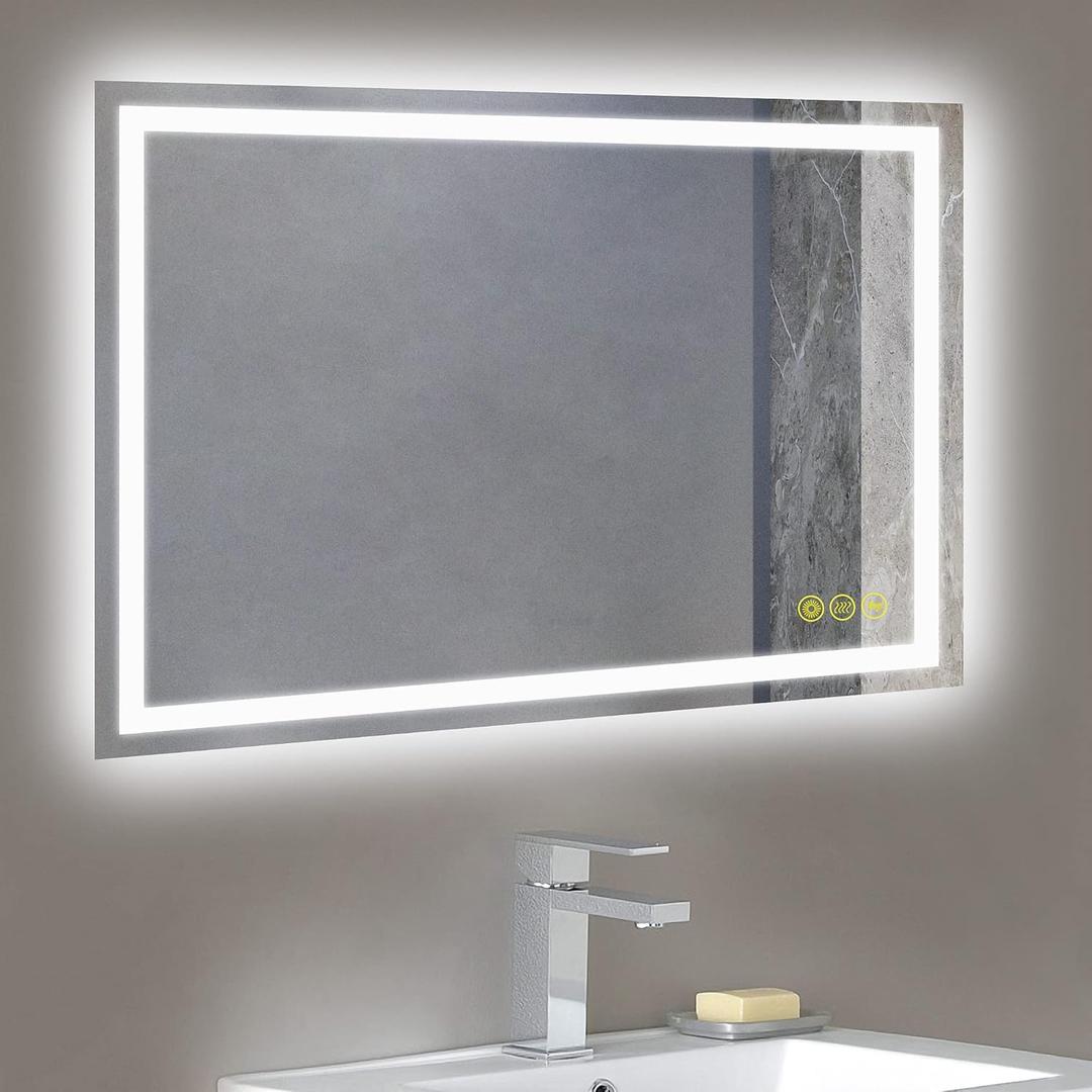 Wall-Mounted LED Square Bathroom Mirror, Makeup Mirror (36 inches x 24 inches,) 3 Color Stepless Dimmable Memory Bathroom Vanity Mirror with Lights CRI90+ 3000-6400K Smart Mirror with Touch (Inlaid)