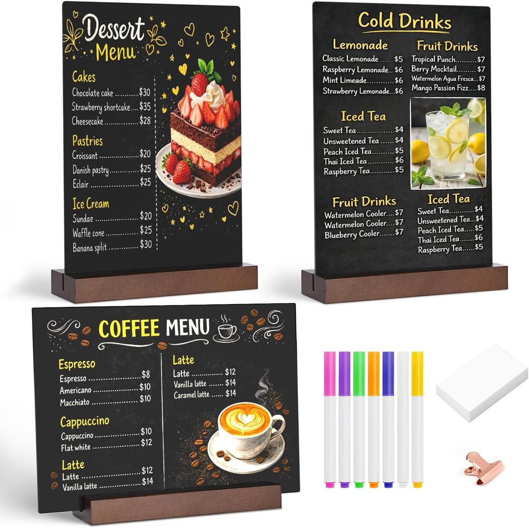 Tabletop Chalkboard with Wood Stand - 3 Pack, 8 x 12 Inch Double Sided Blackboard Food Signs Menu Message Boards for Coffee Bar, Lemonade Stand, Party Decoration - Vertical Back