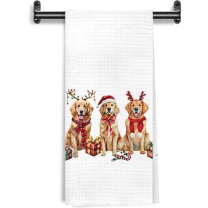 Christmas Golden Retriever Dog Kitchen Towels, Gifts for Golden Retriever Lovers Decorative Hand Towels for Bathroom Kitchen, Holiday Xmas Dog Dish Tea Towel Drying Cloth, 16x24 Inch