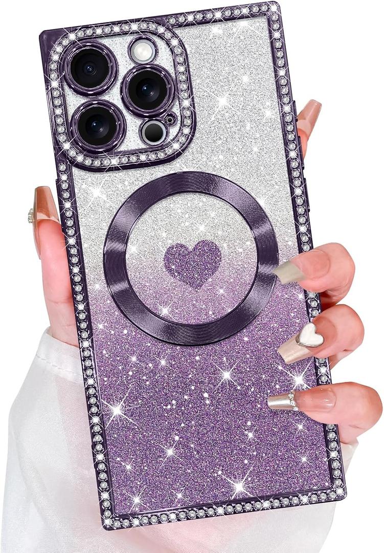 Bonoma Magnetic Glitter for iPhone 16 Pro [Compatible with MagSafe], Luxury Love Heart Pattern Plating Bling Rectangular Case,Camera Protection Sparkly Soft Back Cover for Women Girls-Purple