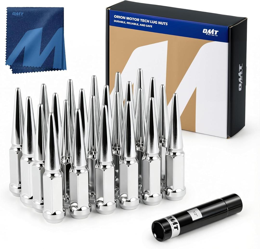 Orion Motor Tech M14x1.5 Spike Lug Nuts, 14mmx1.5 Wheel Lug Nuts Compatible with Silverado Suburban Express Avalanche 1500 Ford F150 GMC Sierra 1500 Ram 1500, 3/4" Hex Lug Nut Set, Set of 24, Chrome