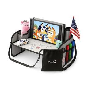 Kids Travel Tray - Foldable Toddler Lap Desk with Dry Erase Board, Car Seat Tray for Toddler, Waterproof Lap Tray for Airplane Kids Travel Essentials for Road Trip Activities, Silver