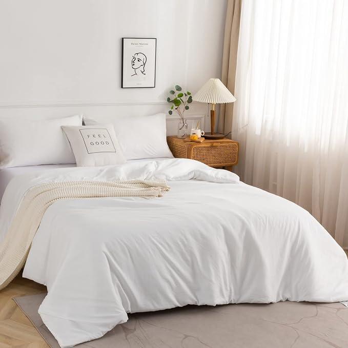 White Down Comforter Queen Size, Luxury Hotel Ultra Soft Washed Cotton, 1 Comforter Sets and 2 Pillowshams, Lightweight Modern Solid Bedding Collection for All Season Use (White,Queen/Full)