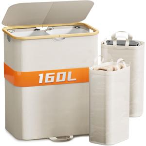 XLHOMO 160L Double Laundry Hamper with Lid, Dirty Clothes Hamper with 2 Removable Bags, Beige Laundry Hamper 2 section with Bamboo Handles Easy to Carry for Bedroom, Bathroom, Dorm, College