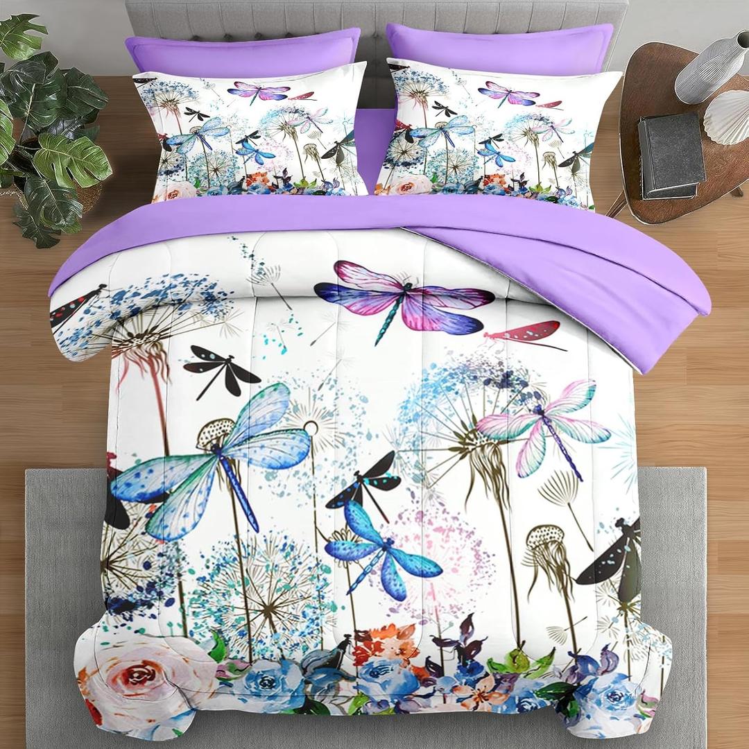 Pamnest Comforter Set Queen Size, Dragonfly Flower 7 Pcs Bedding for Kids and Adults, Purple Rose Hydrangea Bed Sheet Sets with Fitted Sheet 2 Pillowcases & 2 Shams for Bedroom Bed Decor