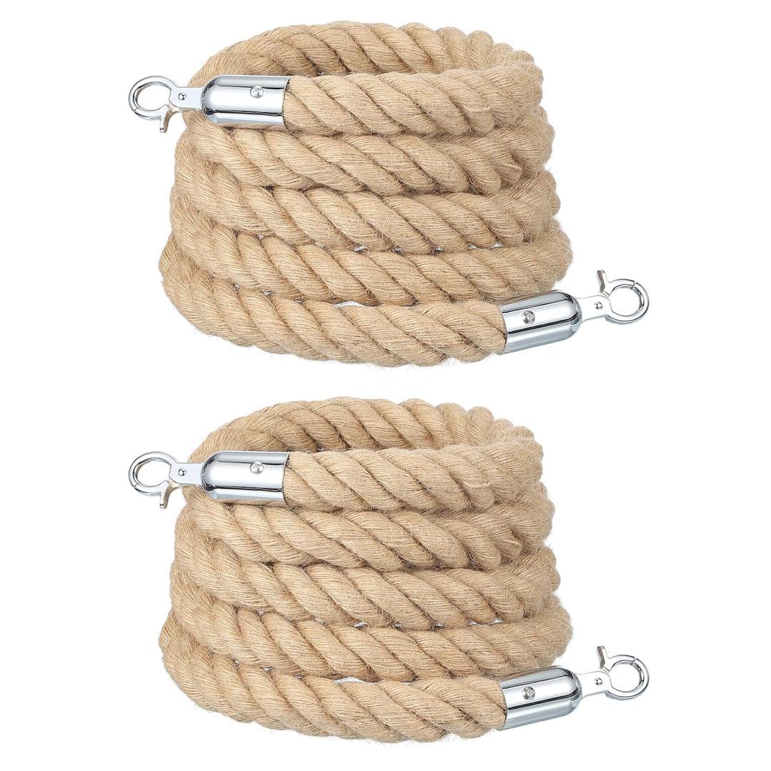 MECCANIXITY Jute Stanchion Rope 9ft x 1.3 Inch Safety Queue Braided Jute Ropes with Snap Hooks, Crowd Control Line Barrier for Movie Theaters Grand Openings Hotel Celebration 2Pcs