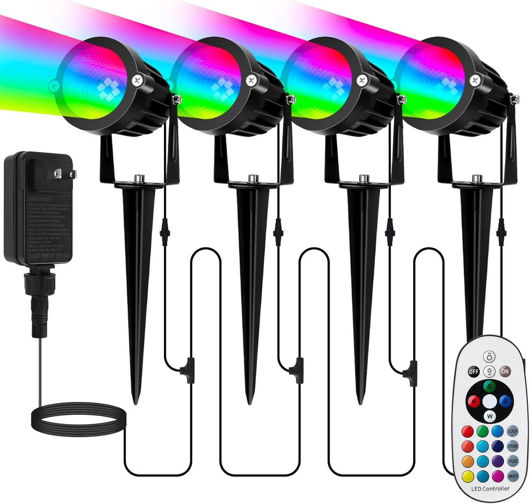 Elenora Christmas Spotlights Outdoor, All-in-ONE RGBW Halloween Spot Lights with Remote, 6W 24V Plug-in Color Changing Low Voltage Landscape Lighting Kit with IP65 Waterproof for Yard Garden, 4 Pack