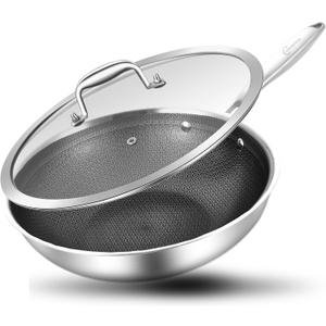 LOLYKITCH Hybrid 10 Inch Tri-Ply Stainless Steel Wok Pan with Lid,Ceramic Non Stick Stir Fry Pan,Induction Cooking Pan,Dishwasher and Oven Safe,Riveted Handle LOLYKITCH Hybrid 10 Inch Tri-Ply Stainless Steel Wok Pan with Lid,Ceramic Non Stick Stir Fry Pan,Induction Cooking Pan,Dishwasher and Oven Safe,Riveted Handle