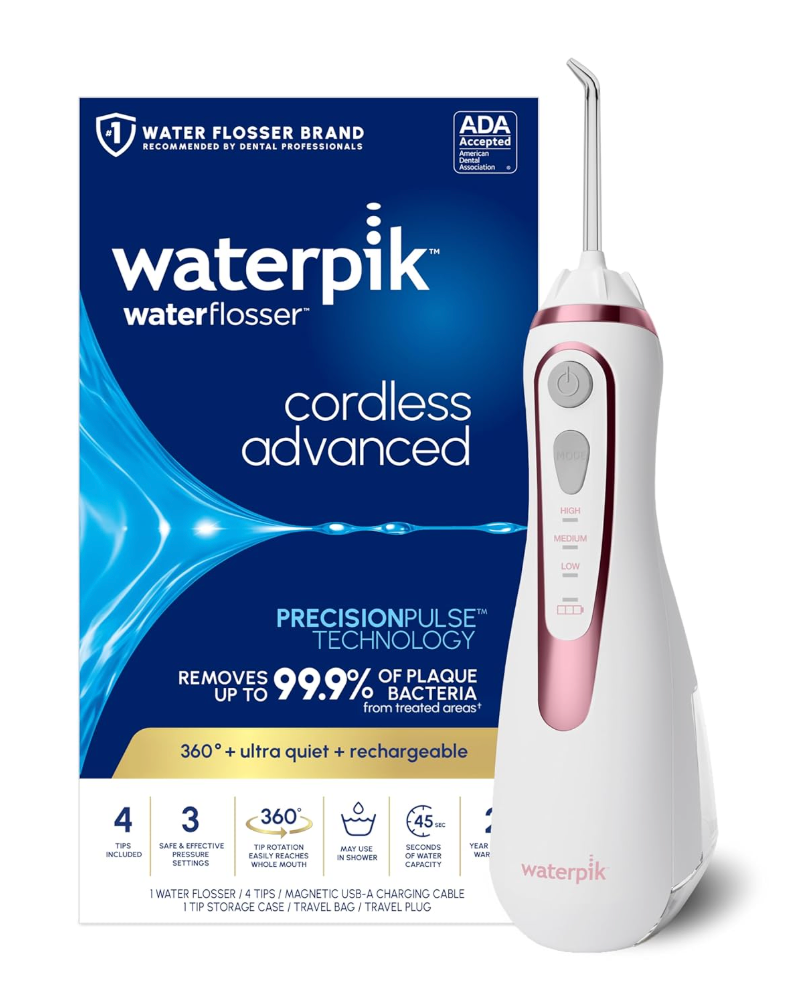 Waterpik Cordless Advanced 2.0 Water Flosser For Teeth, Gums, Braces, Dental Care With Travel Bag and 4 Tips, ADA Accepted, Rechargeable, Portable, and Waterproof, Rose Gold WP589