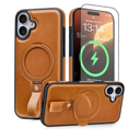 iPhone 17 Leather Case with Stand, Anti-Slip Grip Ring, Fits for MagSafe (Brown, IP17-6.3inch)