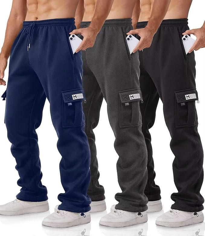 Cargo Pants for Men 3 Pack Relaxed Fit Mens Joggers with Pockets,Fleece Hiking Tactical Workout Pants Casual Size L