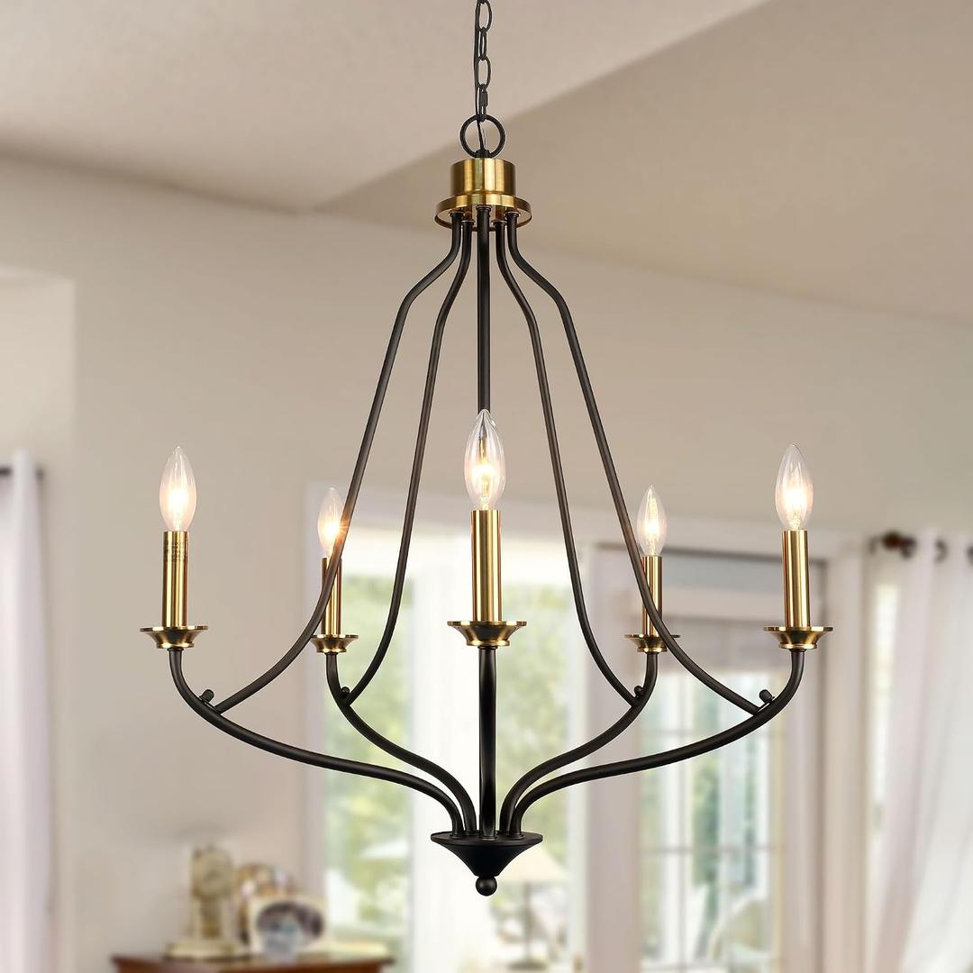Matt Black & Brass Chandelier 5-Light, 25" Brushed Gold Modern Farmhouse Pendant Lighting for Kitchen Island, Dining Living Room, Large