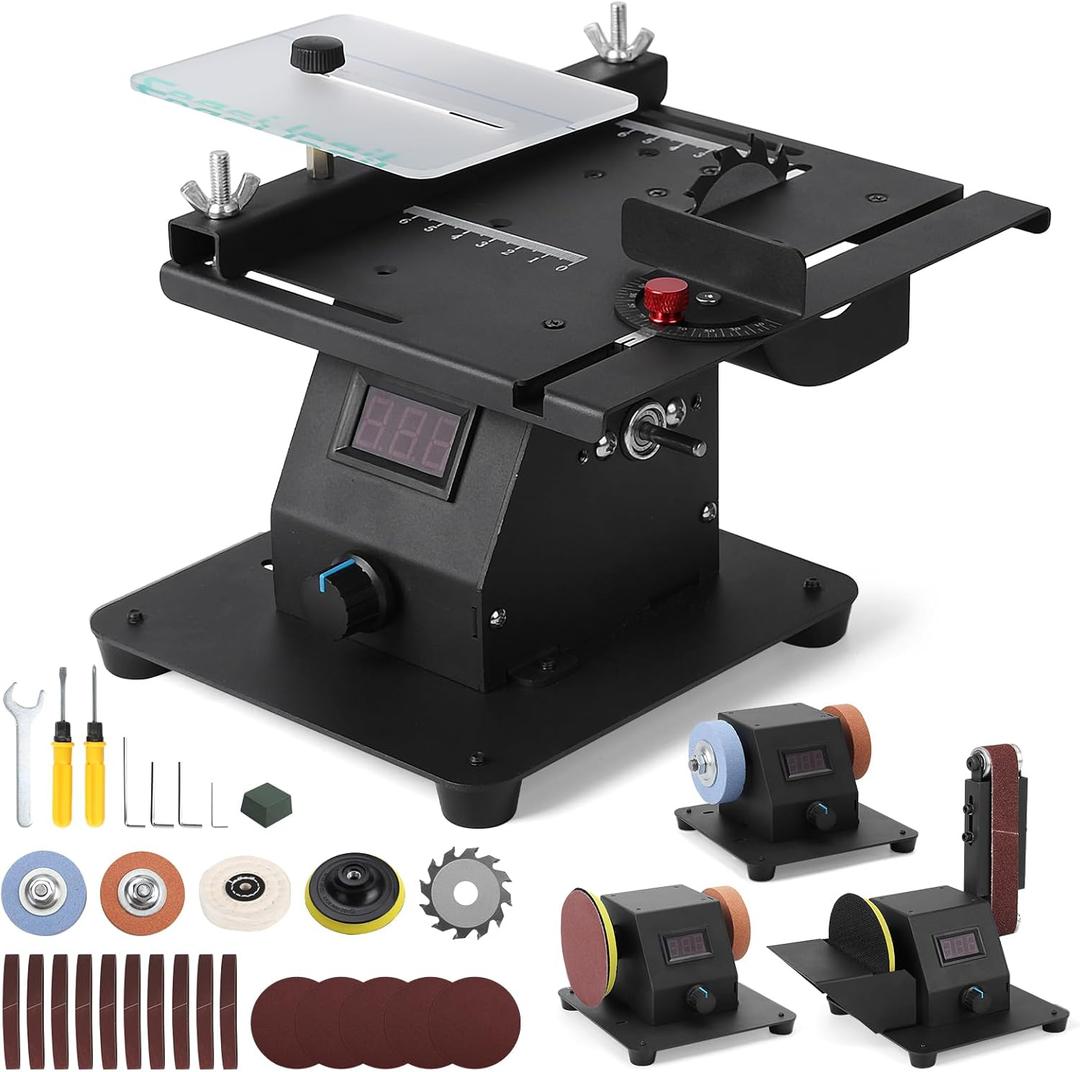Mini Multi-functional Table Saw, 4 in 1 Table Saws with Dual Bench Grinder, 0-90 Adjust Belt Sander & Polishing Machine, 7 Speed Adjust & LED Display Table Saw for DIY Crafts, Cutting & Sanding