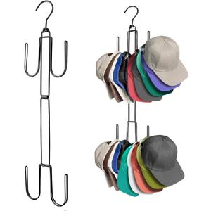 3 x Hat Organizer for Closet, Collapsible Metal Cap Rack with Rotating Hooks, Up to 40 Baseball Caps Holders for Display and Storage, Space Saving Hat Hanger for Closet Organizers and Storage, Black