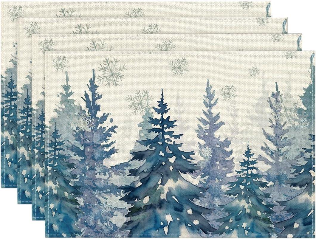 Artoid Mode Pine Trees Blue Winter Placemats Set of 4, 12x18 Inch Seasonal Holiday Christmas Place Mats for Party Dining Table