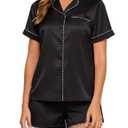 HALCYEEN Black Pjs for Women Set Women's Satin Pajama Set Short Sleeve Button-Front Top Shorts, Silky Soft Sleepwear(Black,M) (Black, M)