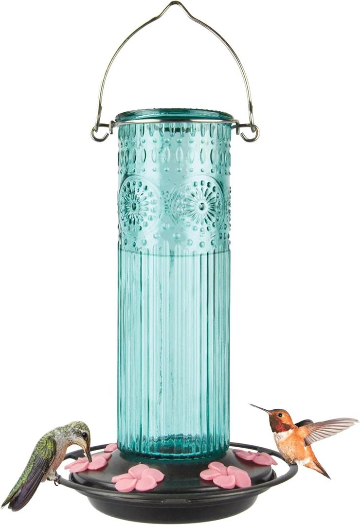 Nature's Way ANTGHF2 Hanging Antique Glass Gravity Hummingbird Feeder for Outdoor Decor, 28 Ounce Capacity Nectar Feeder, 6 Easy to Clean Flexible Pink Ports, Teal