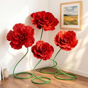 4 Pcs 5ft Large Peony Flowers Giant Artificial Red Peony Standing Huge Handcrafted Flower for Window Reception Banquet Ceremony Floral Decor Garden Hotel Office Birthday Wedding Party