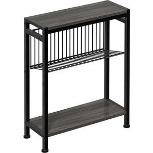 End Table for Small Space, 3-Tier Narrow Side Table with Magazine Holder,Slim Nightstand, Skinny Snack Couch Table in Living Room, Bedroom Study and Balcony (Grey)