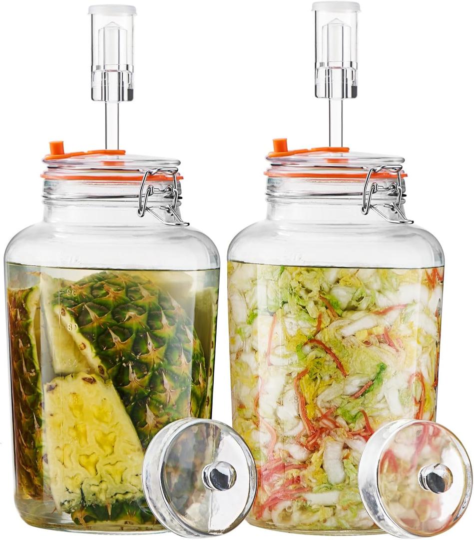 1 Gallon Fermentation Jars, 2 Pack Glass Fermentation Kit with Airlocks & Weights, Wide Mouth Fermenting Jars for Sauerkraut, Kimchi, Pickles, Mead & More