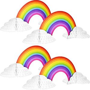 WILLBOND 4 Pieces Rainbow Honeycomb Paper Centerpiece Rainbow Party Table Decoration Cloud No Crease Converting Centerpieces for Tables Christmas Birthday Party