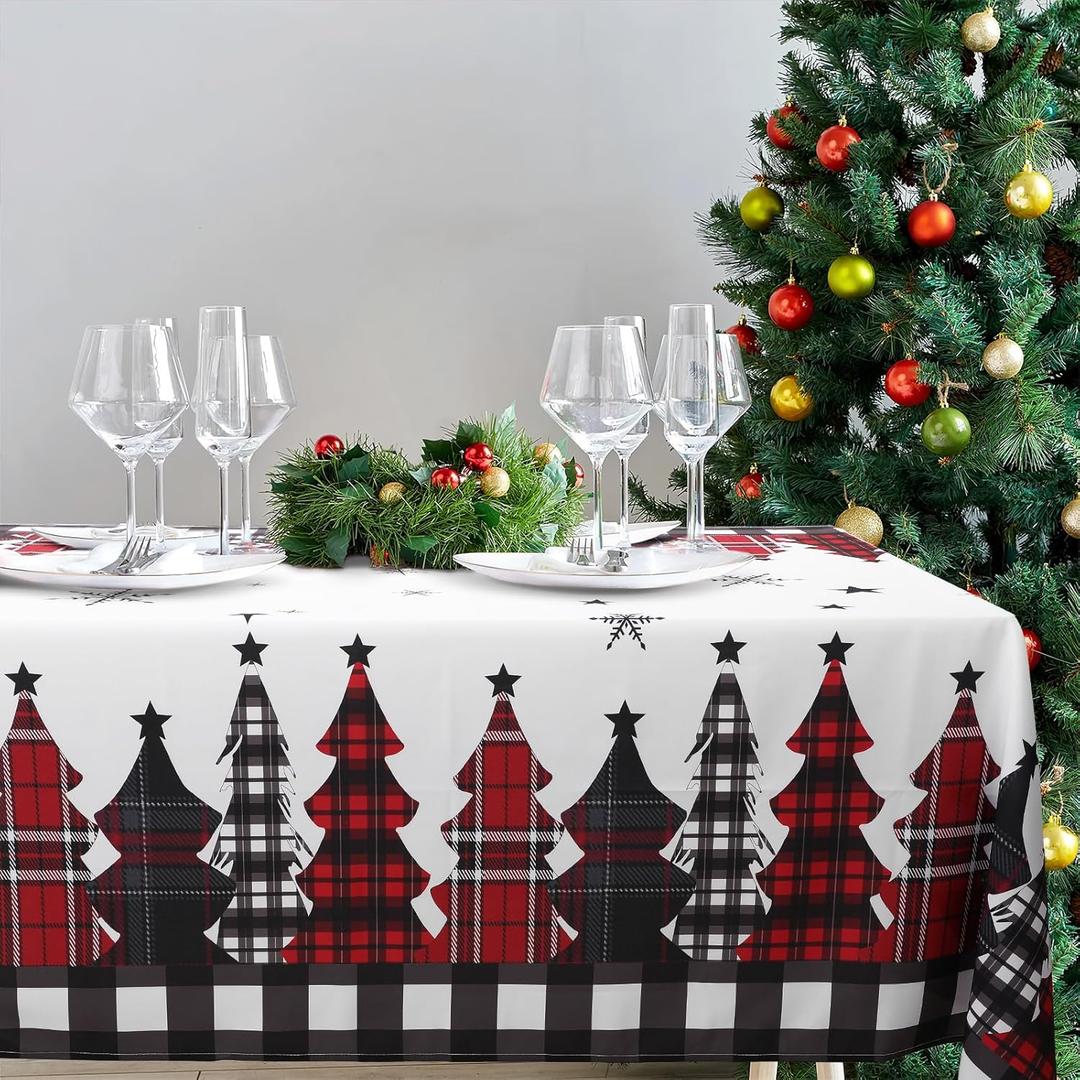 Rectangle Christmas Table Cloth 60 x 87Inch Snowflake Tablecloth Xmas Trees Red and Black Buffalo Plaid Table Cloth Waterproof Table Cover for Rectangle Tables Tablecloth for Holiday Dining