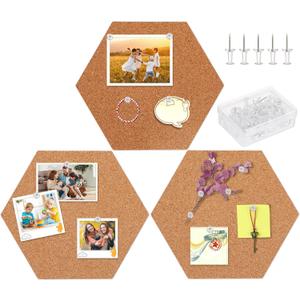 FEBSNOW 3 Pack Self-Adhesive Cork Board Tiles Hexagonal Cork Board Mini Wall Bulletin Board with 50 Multi-Color Push Pins (4 x8 Inch)
