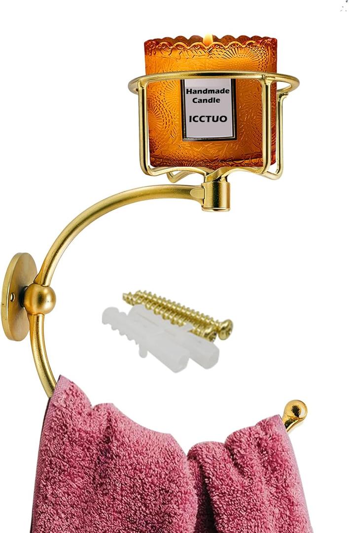 ICCTUO Gold Hand Towel Holder for Bathroom Wall, Towel Hook with Wall Candle Holder,Elegent Towel Ring Rose Gold, Sturdy Towel Rack Wall Mounted Hanger for Bathroom