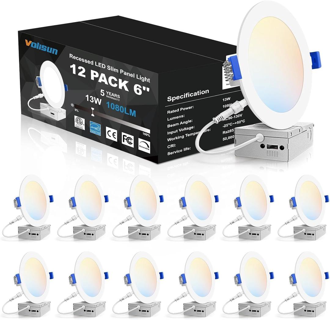 VOLISUN 12 Pack 6 inch Recessed Lighting, 5CCT LED Recessed Light with Junction Box, 2700K-5000K Selectable, 13W Eqv 120W, 1080LM Dimmable Canless Wafer Downlight, LED Ceiling Light ETL Certificated (White)