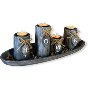 Wooden Candle Holders Centerpieces for Living Room Coffee Table Decorations,Farmhouse Table Decor Tealight Candles Holders with Rustic Tray,Candlesticks for Home Decoration Fireplace Kitchen