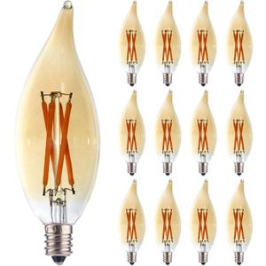 12 Pack C32 Flame Tip Filament LED Bulb, 4W Equals 25W 40W Soft Warm Light, E12 Candelabra Base Edison Bulb, Amber Glass Light Bulb for Pendant Chandelier Ceiling Fan