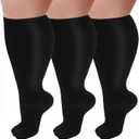 3 Pairs Plus Size Compression Socks for Women and Men Wide Calf 20-30mmhg Extra Large Knee High Support for Circulation (Black)