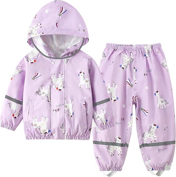 Fewlby Kids Rainsuit Girls Cartoon Raincoat Set, Toddler Waterproof Rain Jacket and Pants Child Rainset Rainwear