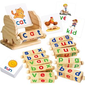 Montessori Learning and Educational Toys Gifts for Kids 3 4 5 Years, Wooden Reading Blocks Toys, Learning Activities for Preschool Kindergarten, Turning Rotating Matching Flash Card Games