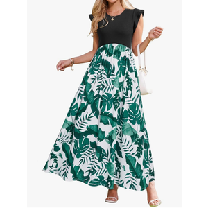OUGES Women 2025 Spring Summer Dresses Maternity Sleeveless Ribbed Fashion Casual Outfits Maxi Dress with Pockets, Green Leaf Print, L